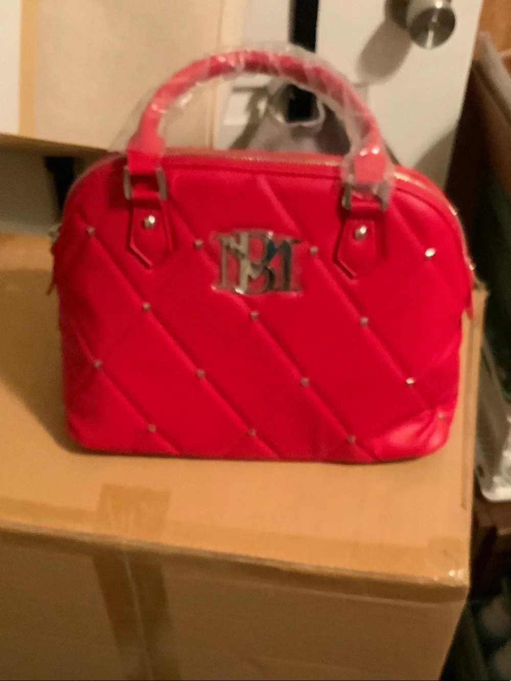 Badgley Mischka Quilted Red Satchel with Silver Accents